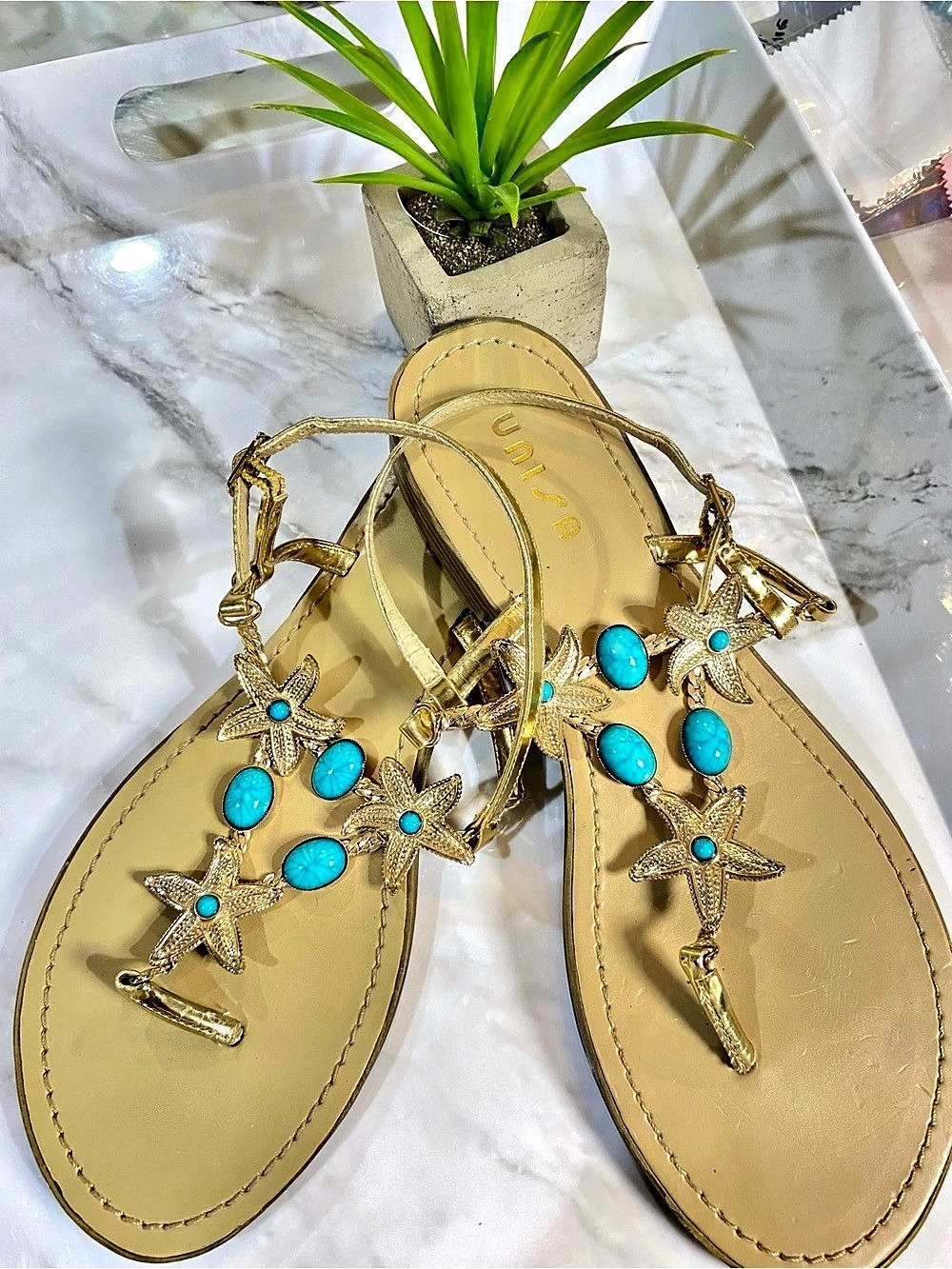 UNISA Star Sandals in Gold & Turquoise Sz 9 EUC